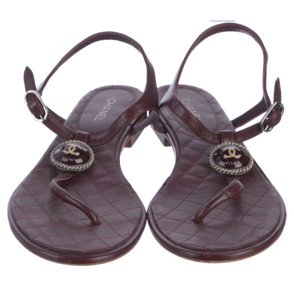 CHANEL Interlocking Burgundy Leather Sandals shoes size 38.5 or 8.5 - Picture 2 of 4